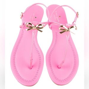Kate Spade bright Pink leather T-strap Sandals with Gold Bow NIB